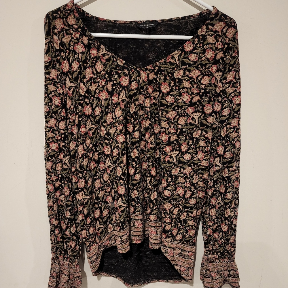 Lucky Brand Long Sleeve Tunic Top Black/Pink/Green Floral Medium